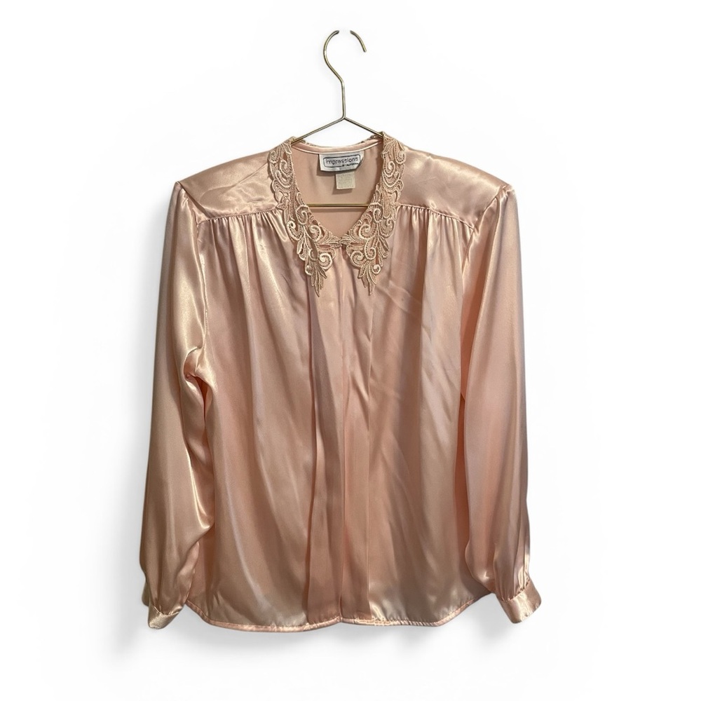 Vintage Impressions of California Peach Satin Lace Collar Blouse Size 14 80s 90s